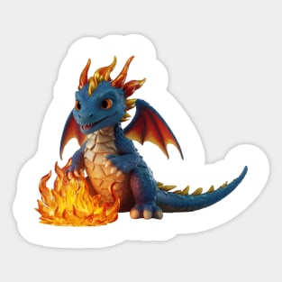 Realistic Cute Blue Baby Dragon with Campfire Sticker